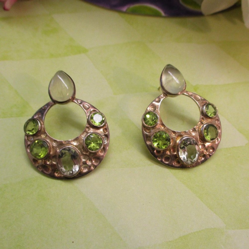Sterling Gemstone Pierced Earrings ~ Peridot Green Quartz Frosted Topaz Sterling